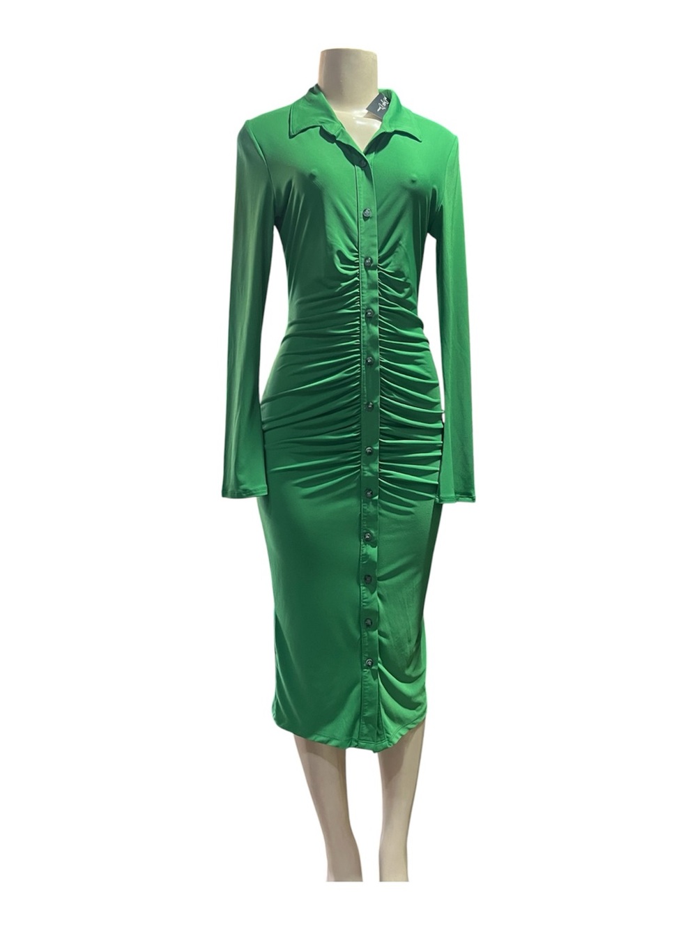 Green Ruched Button-Down Midi Shirt Dress